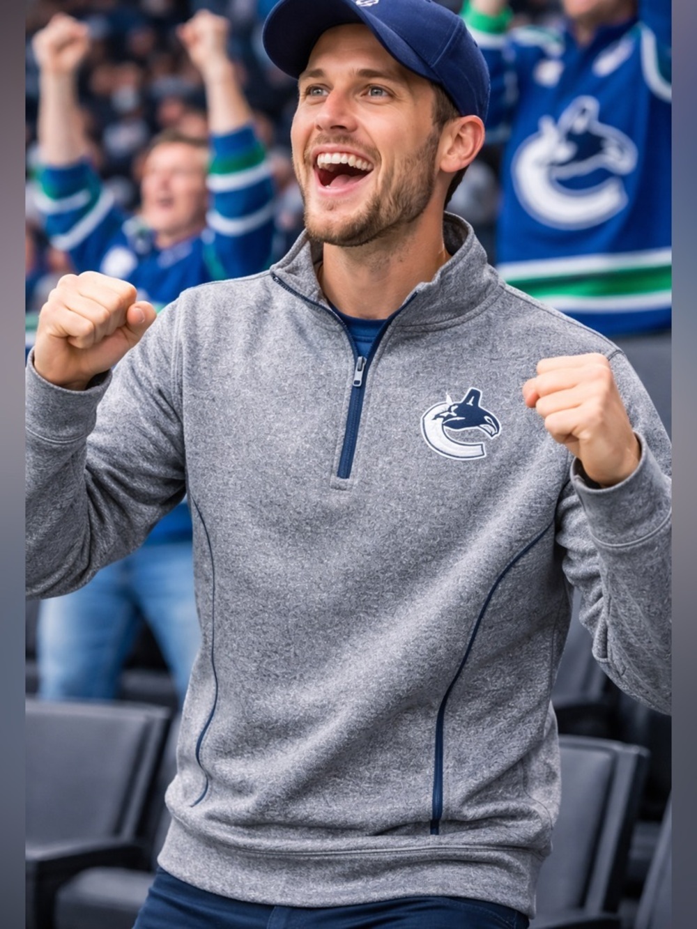 Vancouver Canucks NHL Quarter Zip Pullover Grey Fleece Size L